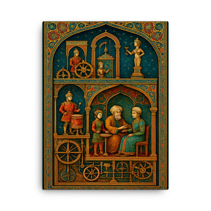 Al Jazari automaton workshop cross section in jeweled detail canvas print on a plain backdrop in size 18