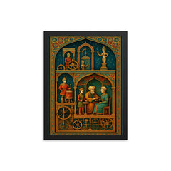 Al Jazari automaton workshop cross section in jeweled detail framed print on a plain backdrop in size 12"x16".