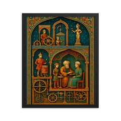 Al Jazari automaton workshop cross section in jeweled detail framed print on a plain backdrop in size 16"x20".