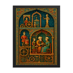 Al Jazari automaton workshop cross section in jeweled detail framed print on a plain backdrop in size 18"x24".