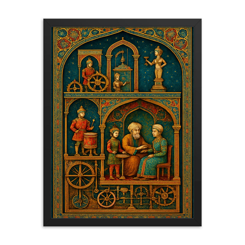 Al Jazari automaton workshop cross section in jeweled detail framed print on a plain backdrop in size 18