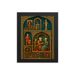 Al Jazari automaton workshop cross section in jeweled detail framed print on a plain backdrop in size 8"x10".