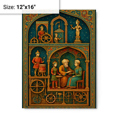 Al Jazari automaton workshop cross section in jeweled detail metal print on a plain backdrop in size 12"x16".