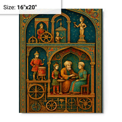 Al Jazari automaton workshop cross section in jeweled detail metal print on a plain backdrop in size 16"x20".