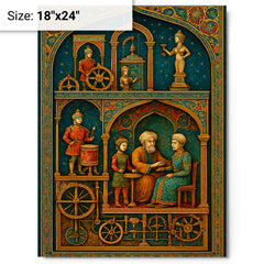 Al Jazari automaton workshop cross section in jeweled detail metal print on a plain backdrop in size 18"x24".