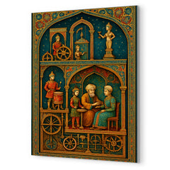 Al Jazari automaton workshop cross section in jeweled detail metal print mockup