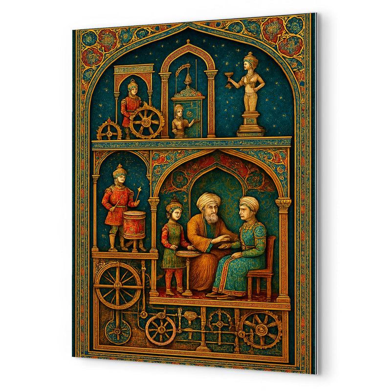 Al Jazari automaton workshop cross section in jeweled detail metal print mockup