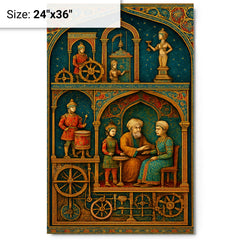 Al Jazari automaton workshop cross section in jeweled detail metal print on a plain backdrop in size 24"x36".