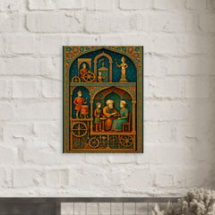 Al Jazari automaton workshop cross section in jeweled detail metal print mockup
