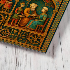Al Jazari automaton workshop cross section in jeweled detail metal print mockup
