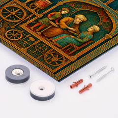 Al Jazari automaton workshop cross section in jeweled detail metal print mockup