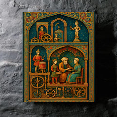 Al Jazari automaton workshop cross section in jeweled detail metal print mockup
