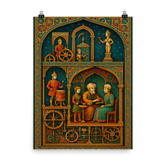 Al Jazari automaton workshop cross section in jeweled detail poster on a plain backdrop in size 8"x10".