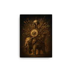Al Jazari elephant clock exploding with intricate mechanisms canvas print on a plain backdrop in size 12"x16".