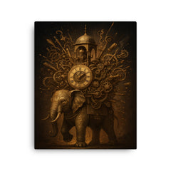 Al Jazari elephant clock exploding with intricate mechanisms canvas print on a plain backdrop in size 16"x20".