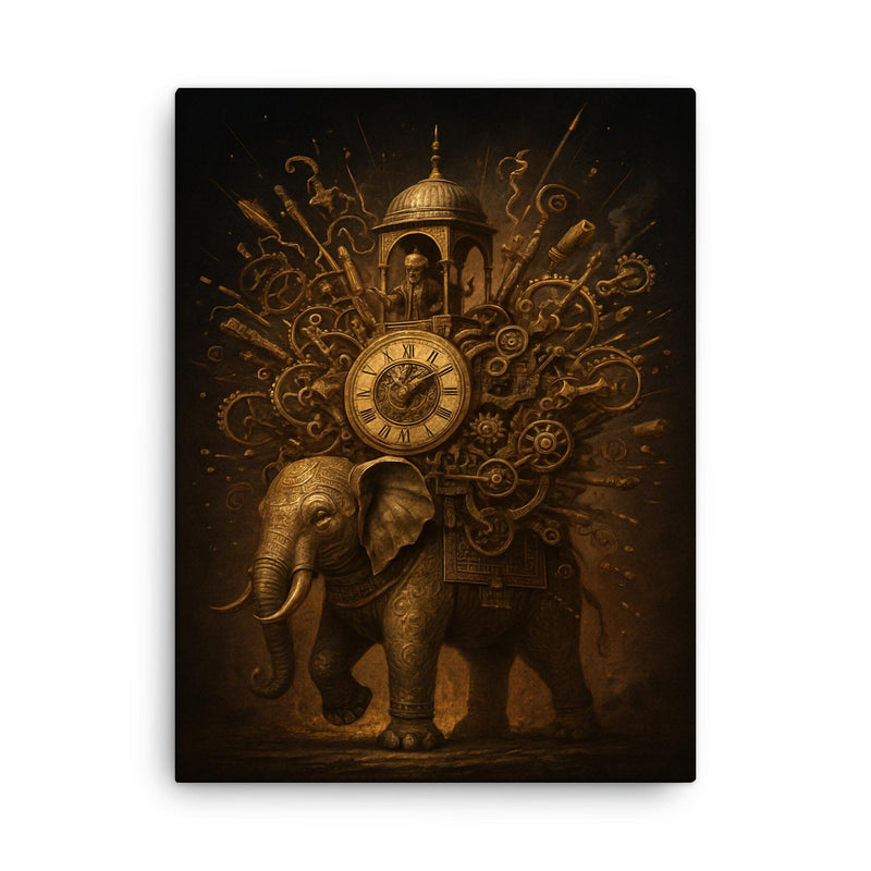 Al Jazari elephant clock exploding with intricate mechanisms canvas print on a plain backdrop in size 18