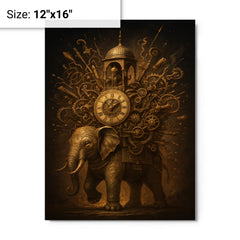Al Jazari elephant clock exploding with intricate mechanisms metal print on a plain backdrop in size 12"x16".