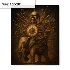 Al Jazari elephant clock exploding with intricate mechanisms metal print on a plain backdrop in size 16"x20".