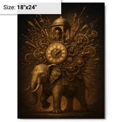 Al Jazari elephant clock exploding with intricate mechanisms metal print on a plain backdrop in size 18"x24".