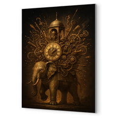 Al Jazari elephant clock exploding with intricate mechanisms metal print mockup