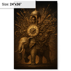 Al Jazari elephant clock exploding with intricate mechanisms metal print on a plain backdrop in size 24"x36".