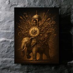 Al Jazari elephant clock exploding with intricate mechanisms metal print mockup