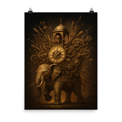 Al Jazari elephant clock exploding with intricate mechanisms poster on a plain backdrop in size 8"x10".