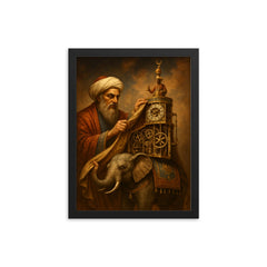 Al Jazari unveiling elephant clock mechanisms framed print on a plain backdrop in size 12"x16".