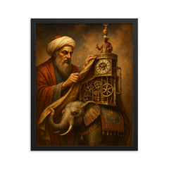 Al Jazari unveiling elephant clock mechanisms framed print on a plain backdrop in size 16"x20".