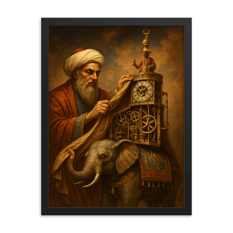 Al Jazari unveiling elephant clock mechanisms framed print on a plain backdrop in size 18