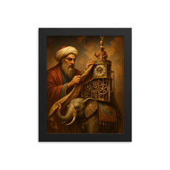 Al Jazari unveiling elephant clock mechanisms framed print on a plain backdrop in size 8"x10".