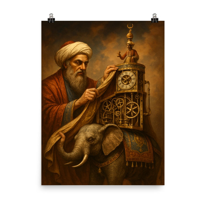 Al Jazari unveiling elephant clock mechanisms poster on a plain backdrop in size 8