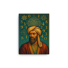 Al Khwarizmi beneath geometric stars and numerals canvas print on a plain backdrop in size 12"x16".