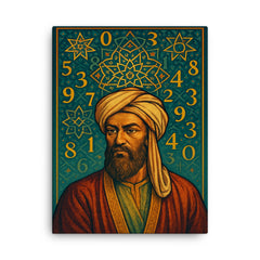 Al Khwarizmi beneath geometric stars and numerals canvas print on a plain backdrop in size 18"x24".