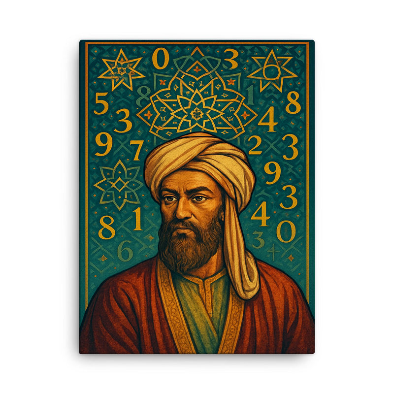 Al Khwarizmi beneath geometric stars and numerals canvas print on a plain backdrop in size 18