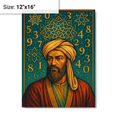 Al Khwarizmi beneath geometric stars and numerals metal print on a plain backdrop in size 12"x16".