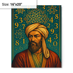 Al Khwarizmi beneath geometric stars and numerals metal print on a plain backdrop in size 16"x20".
