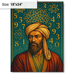 Al Khwarizmi beneath geometric stars and numerals metal print on a plain backdrop in size 18"x24".