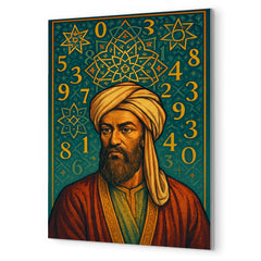 Al Khwarizmi beneath geometric stars and numerals metal print mockup