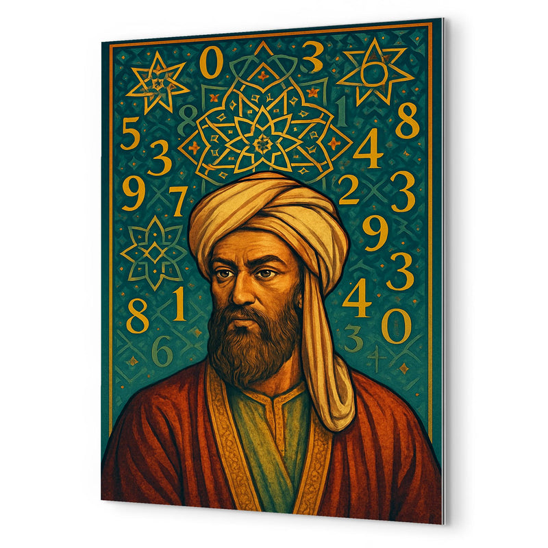 Al Khwarizmi beneath geometric stars and numerals metal print mockup