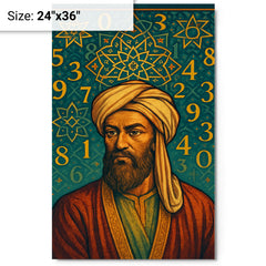 Al Khwarizmi beneath geometric stars and numerals metal print on a plain backdrop in size 24"x36".