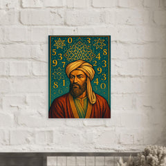 Al Khwarizmi beneath geometric stars and numerals metal print mockup
