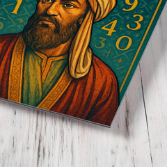 Al Khwarizmi beneath geometric stars and numerals metal print mockup