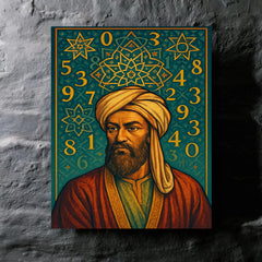Al Khwarizmi beneath geometric stars and numerals metal print mockup