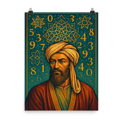 Al Khwarizmi beneath geometric stars and numerals poster on a plain backdrop in size 8"x10".