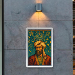 Al Khwarizmi beneath geometric stars and numerals poster 2