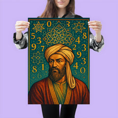 Al Khwarizmi beneath geometric stars and numerals poster 3