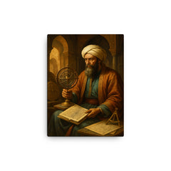 Al Khwarizmi in House of Wisdom celestial instruments canvas print on a plain backdrop in size 12"x16".