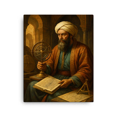 Al Khwarizmi in House of Wisdom celestial instruments canvas print on a plain backdrop in size 16"x20".