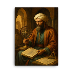 Al Khwarizmi in House of Wisdom celestial instruments canvas print on a plain backdrop in size 18"x24".